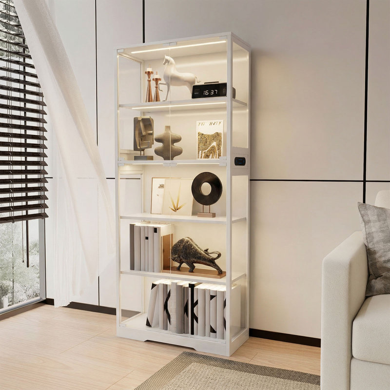 5 Tier Glass Display Cabinet, Curio Cabinet, Dining Cabinet, Bookcase With Adjustable LED Lights, Human Sensor, White