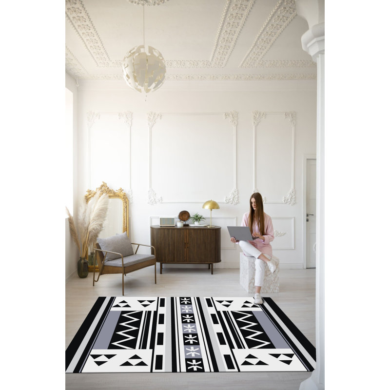 Black-Beige Themed Geometric Patterned Modern Decorative Rug, Rectangle 5'1.02" x 7'6.55"