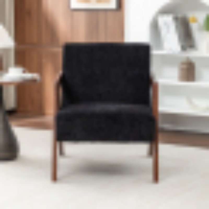 Fauteuil d'appoint en chenille noire, monobloc, style moderne du milieu du siècle, mousse haute densité, structure en bois d'hévéa, accoudoirs incurvés