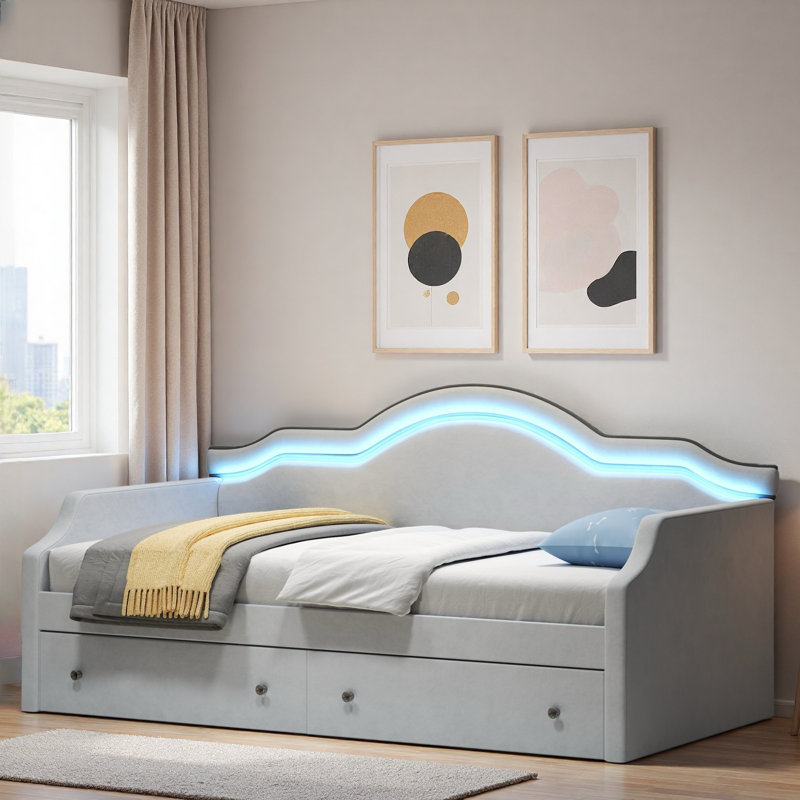 Upholstered Daybed With Led And 2 Drawers, Gray, Twin