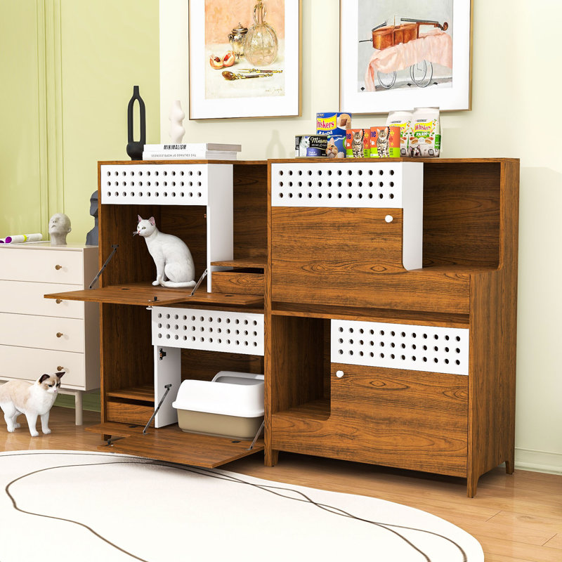 Ensemble de meubles pour chat 2 pièces, table d'appoint et bac à litière, maisonnette pour chat avec rangement, Brown