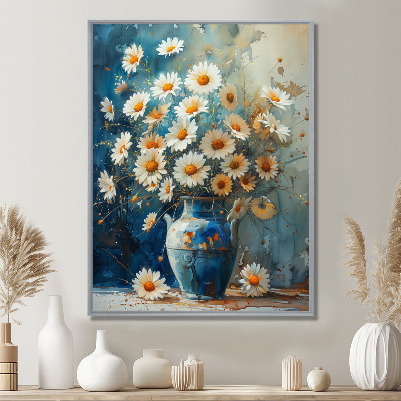 Bleu et blanc nature morte fleurs dans un vase I - marguerites Wall Art Living Room, Black Picture Framed, 32" H x 16" W