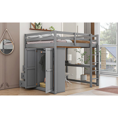 Lit mezzanine double gris avec garde-robe intégrée, bureau et compartiments pratiques de rangement