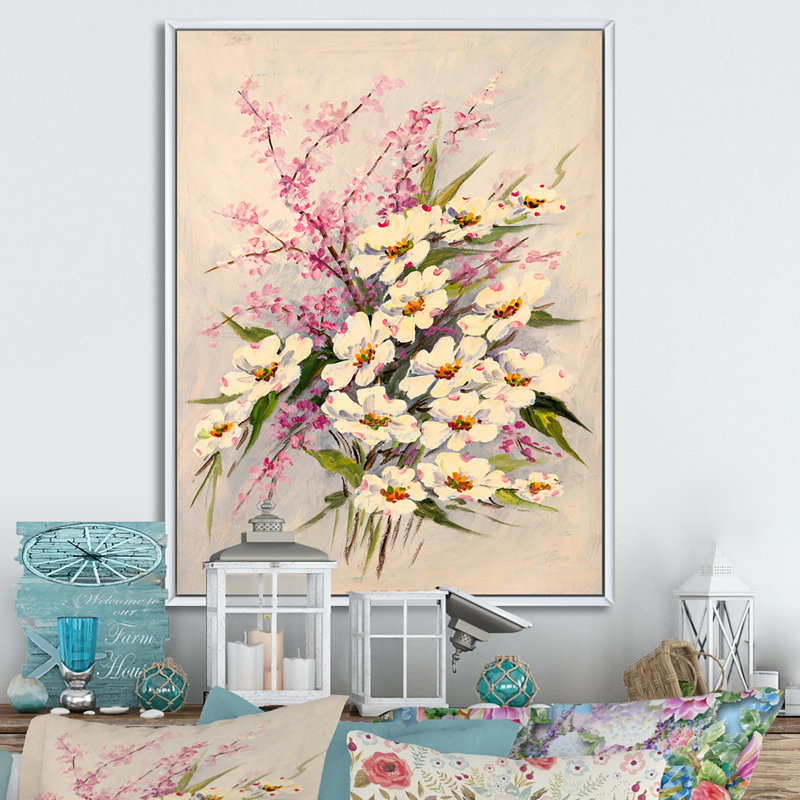 Romantiques fleurs blanches Bouquet - peinture sur toile encadrée, H 20 po x l 12 po x P 1 po, Toile à cadre flottant blanc