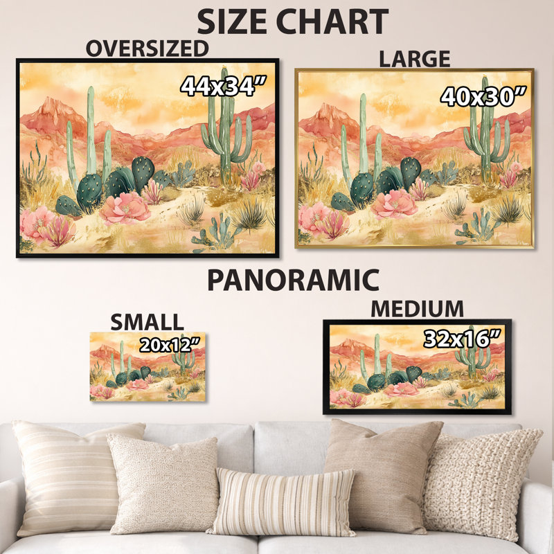 «Desert Bloom Awakening - Southwestern Landscape», art mural encadré, 34" H x 44" W, Toile tendue