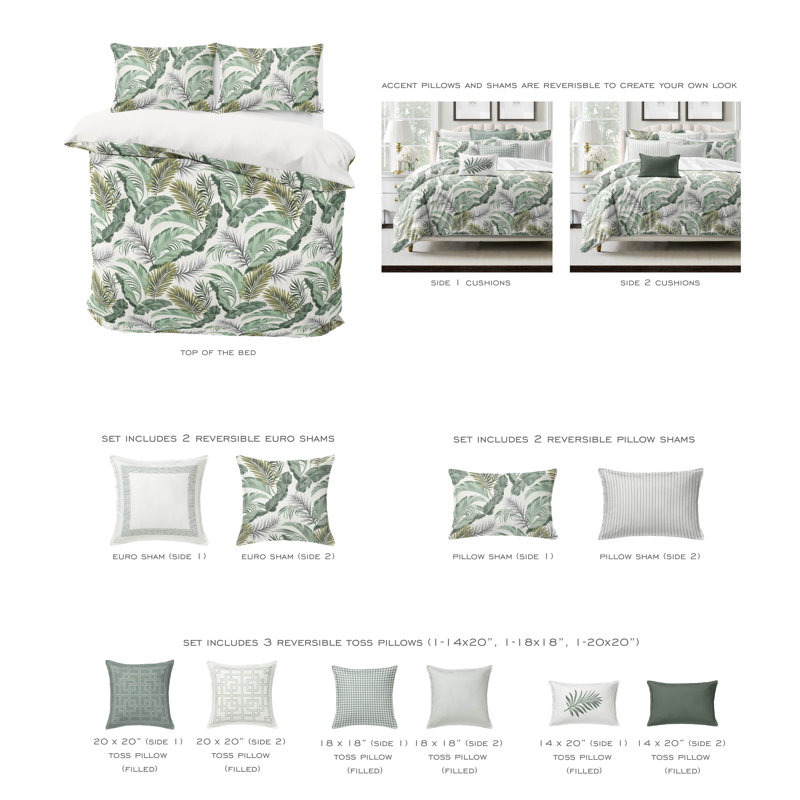 Frondosa  Copper Cotton Comforter Set  8 Piece, California King Comforter + 7 Additional Pieces, Green/White