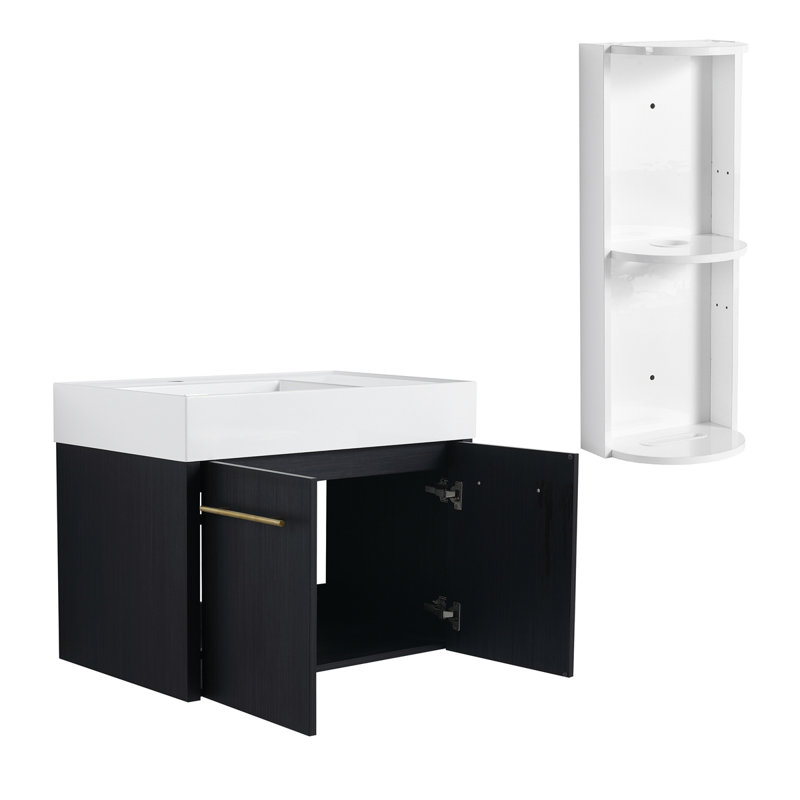 Meuble-lavabo mural 30 po avec lavabo et support de rangement, résine à bords épais gauche