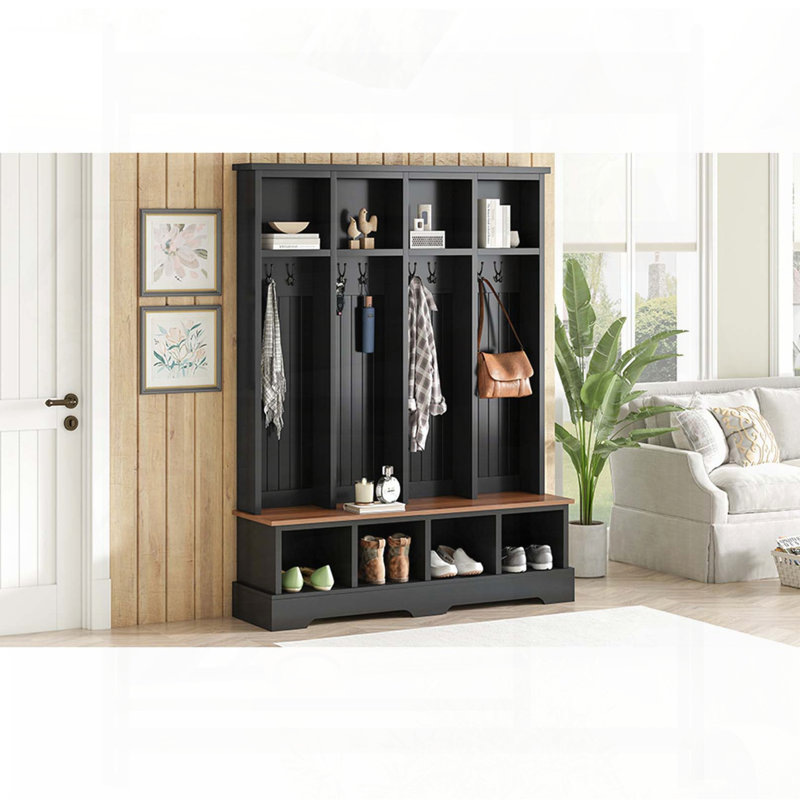 3-in-1 Farmhouse Hall Tree with 8 Hooks (Black), Black