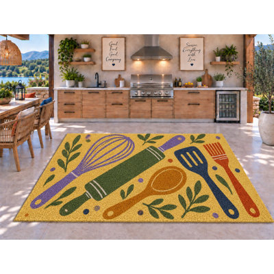 Tapis d'extérieur 5' x 7' avec ensemble d'ustensiles de cuisine, tapis bouclé en PVC épais, solide et imperméable, tapis de patio robuste, tapis d'intérieur/extérieur à séchage rapide pour porche, terrasse, balcon, entrée, camping-car.