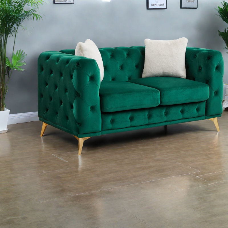 Canapé à compression, velours vert, Chesterfield