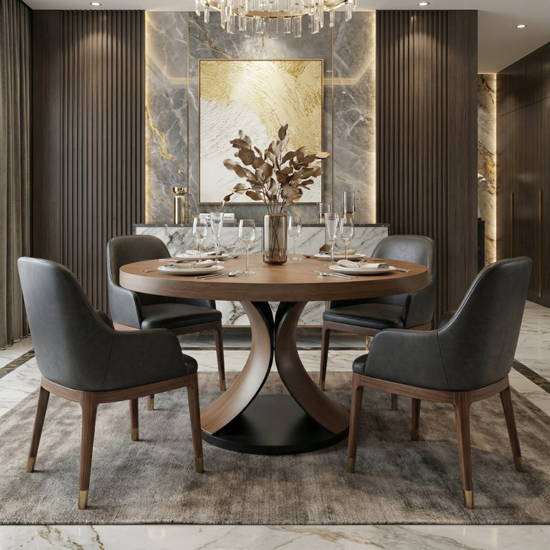 Mid-Century Solid Wood Round Dining Table Walnut Color Kitchen Table For 2-8 People, 30.51"H x 53.15"L x 53.15"W