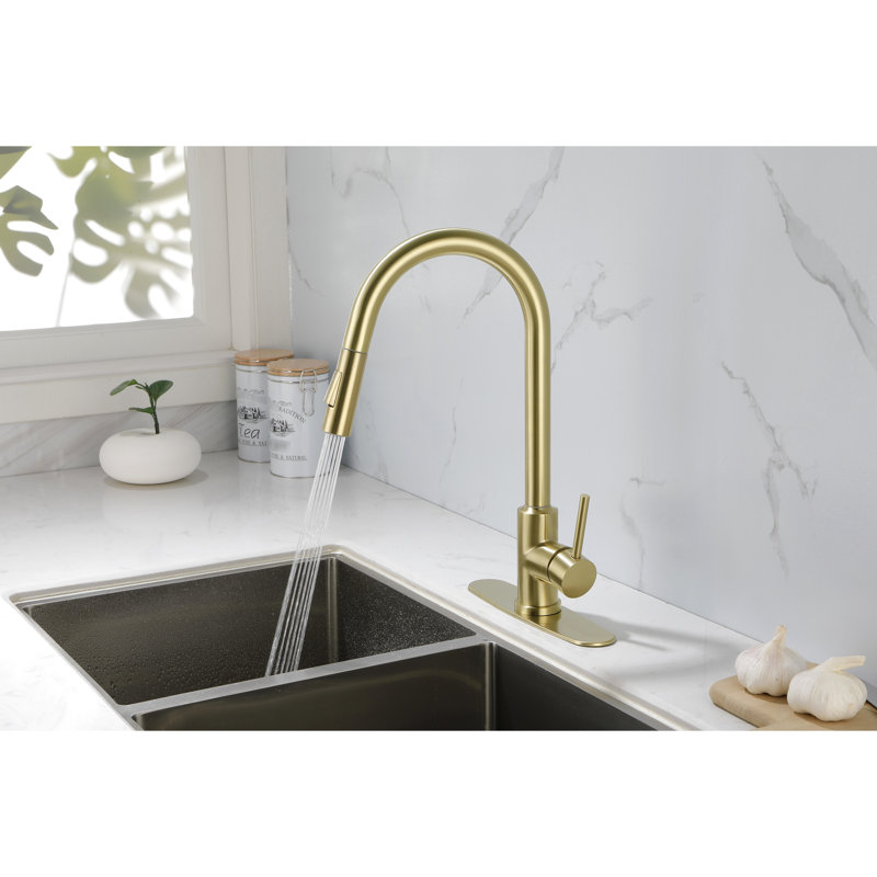 Kitchen Pull Down Faucet - 360 Rotatable High Spout, One For Convenient Water Temperature And Flow Control, Corrosion Rustproof, Gold Stainless Steel, 16.01 In. Deep, 9.74 Wide, 8.79 High, 4.19 Lb