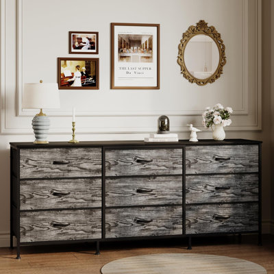 Meuble télé 63 po avec 9 tiroirs en tissu, grande commode de rangement pour le placard de la chambre à coucher, large meuble télé pour téléviseur 55 65 70 po