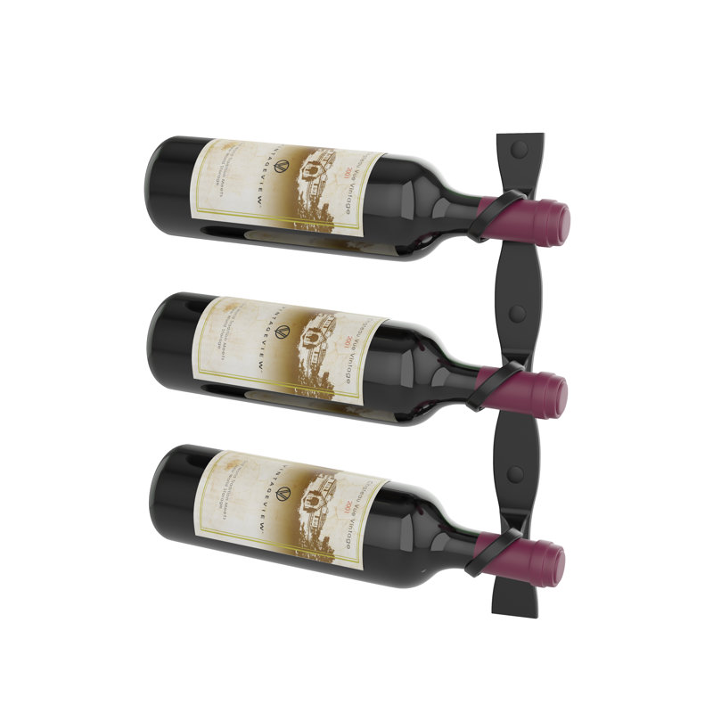 Support à vin mural en métal noir mat 3 bouteilles Lleucu - 15 po, orienté à gauche, Noir mat, H 15 po