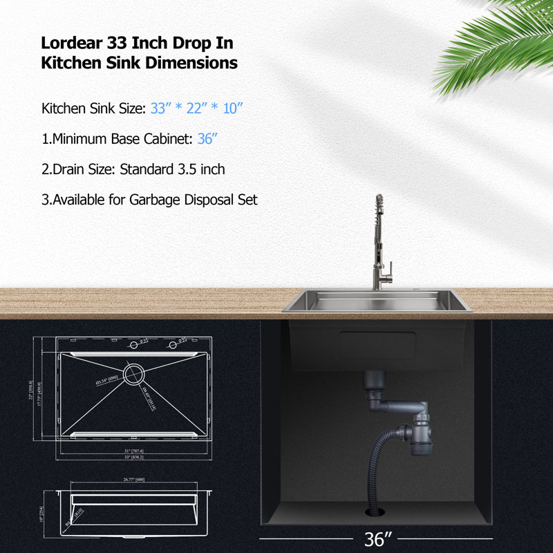 33'' L Drop In Dual Ledge Workstation Sink Single Bowl Stainless Steel Kitchen Sink