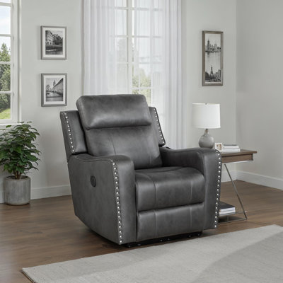 Fauteuil inclinable traditionnel de 36,5 po Jacopo en microfibre polie avec charge USB et garniture cloutée élégante.