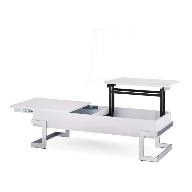 Table basse blanche à finition brillante et chrome avec plateau relevable, Blanc