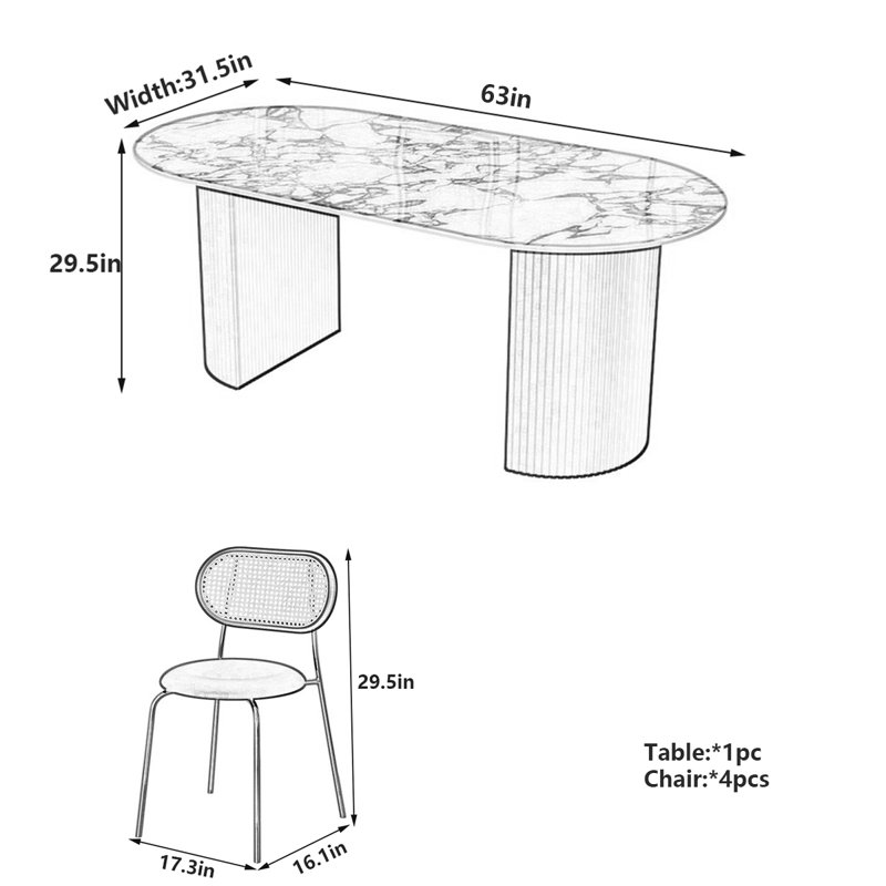 Table de salle à manger à panneau de pierre durable avec pieds romains, H 29,5 po x L 63 po x l 31,5 po