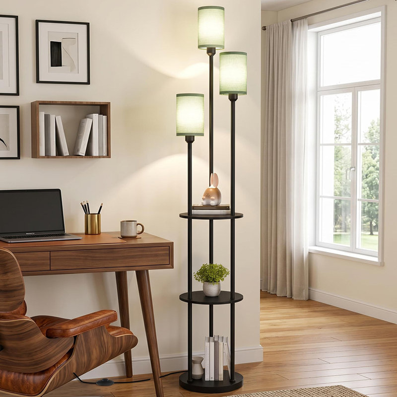 Lampe sur pied moderne 70,9 "à 3 lumières avec tablettes de rangement, abat-jour en lin et lampe sur pied pour le bureau de la chambre à coucher
