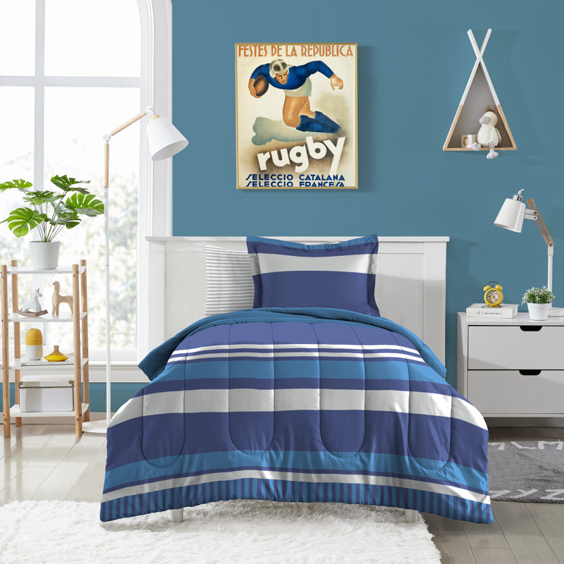 Twin Blue Rugby Stripe Microfiber Bed in a Bag Set