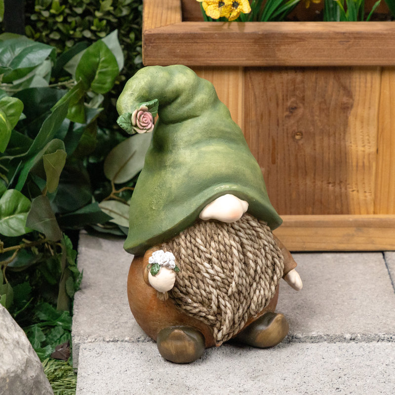 Gnome H 10 "avec chapeau vert tenant une fleur pour le jardin, le patio et la pelouse