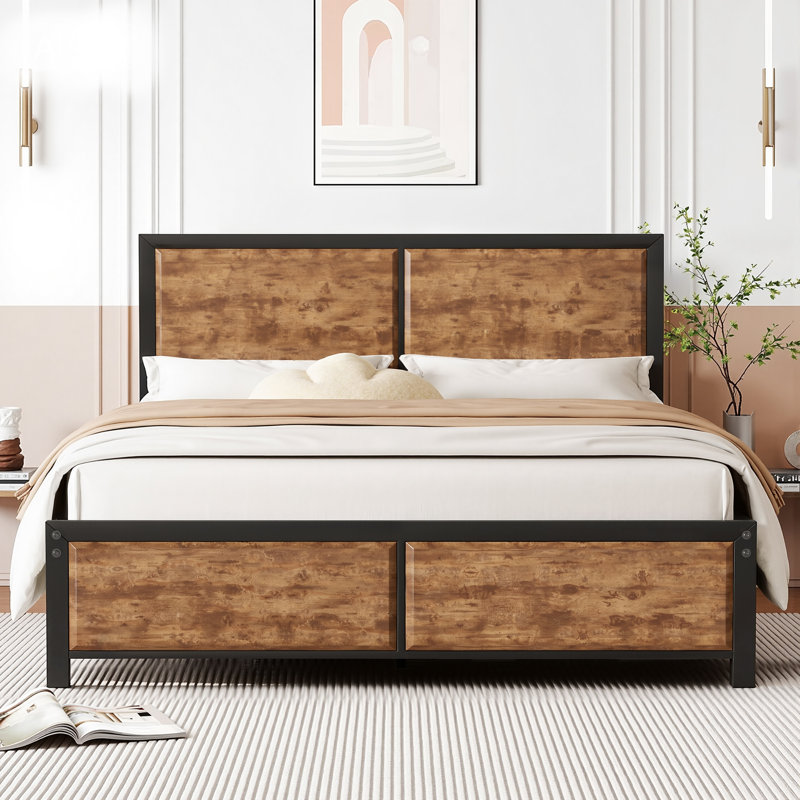 Kempst Full Size Brown Metal Bed Frame with Wooden Headboard & Footboard, Rustic Farmhouse Platform Bed with Heavy Duty Steel Slats Support, No Box Spring Needed