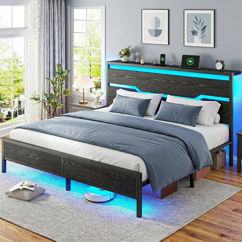 Structure de lit en métal et en bois avec charge USB intégrée, tête de lit à DEL, conception silencieuse, rangement sous le lit de 13 po - assemblage sans outil, aucun sommier nécessaire