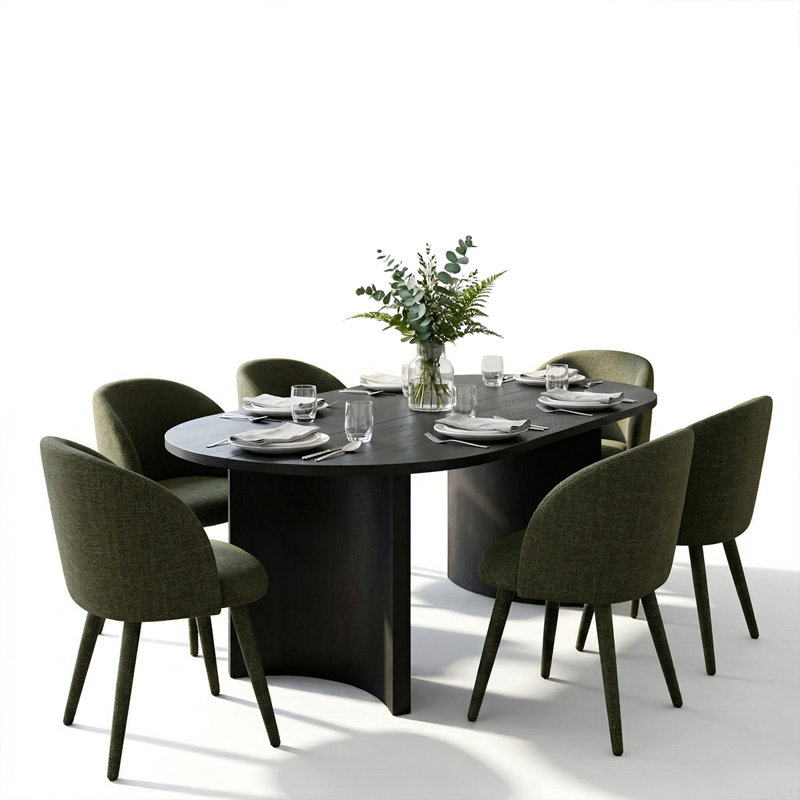 7-Piece Modern Oval Dining Table Set For 6 With Black Pedestal Base And 6 Upholstered Barrel Dining Chairs, Green