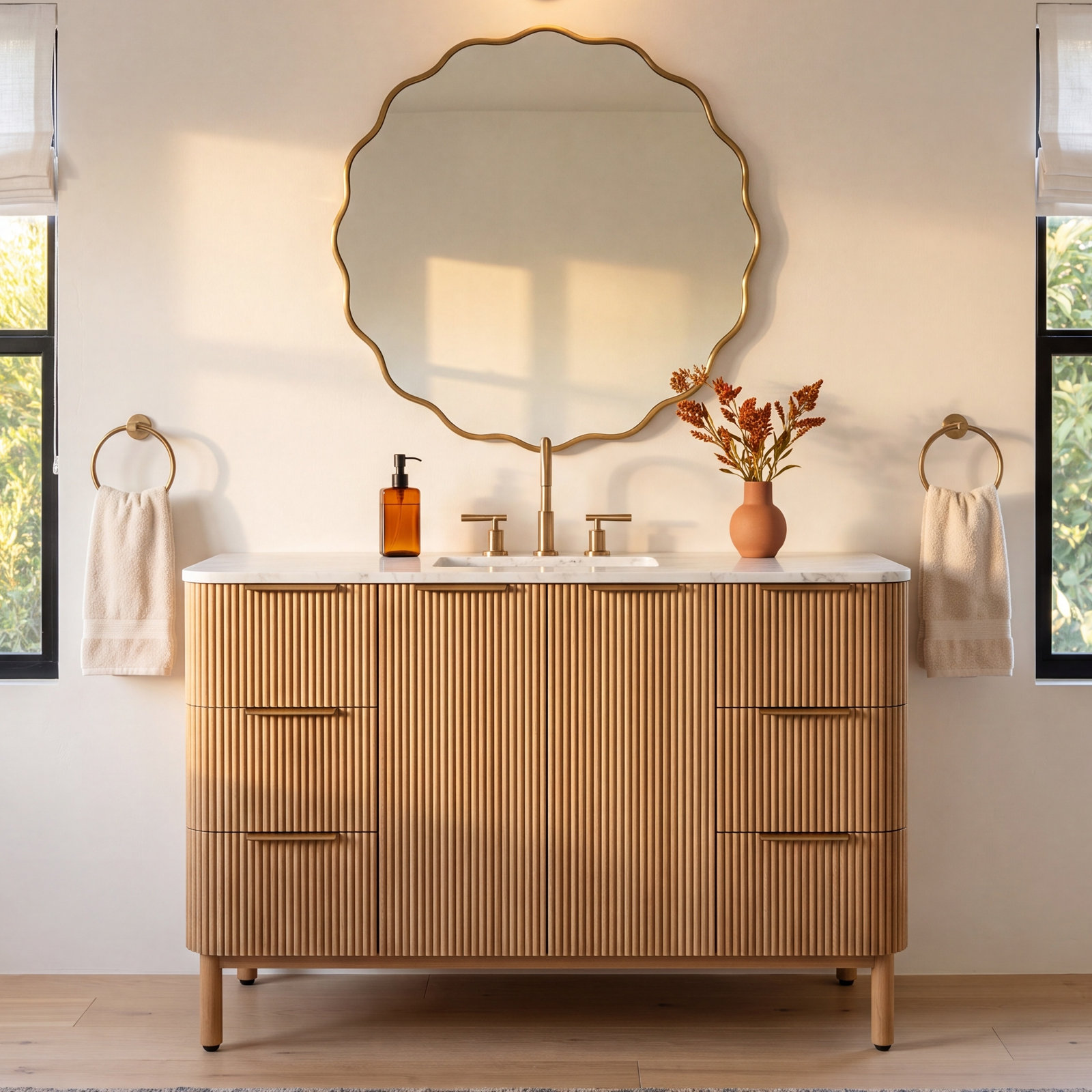 Nova 55" Carrara Marble Single Bathroom Vanity, Reeded Birch