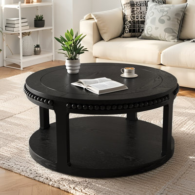 Table basse ronde en bois massif de 31,5 po, plateau épaissi à 2 niveaux - finition laquée ultrabrillante
