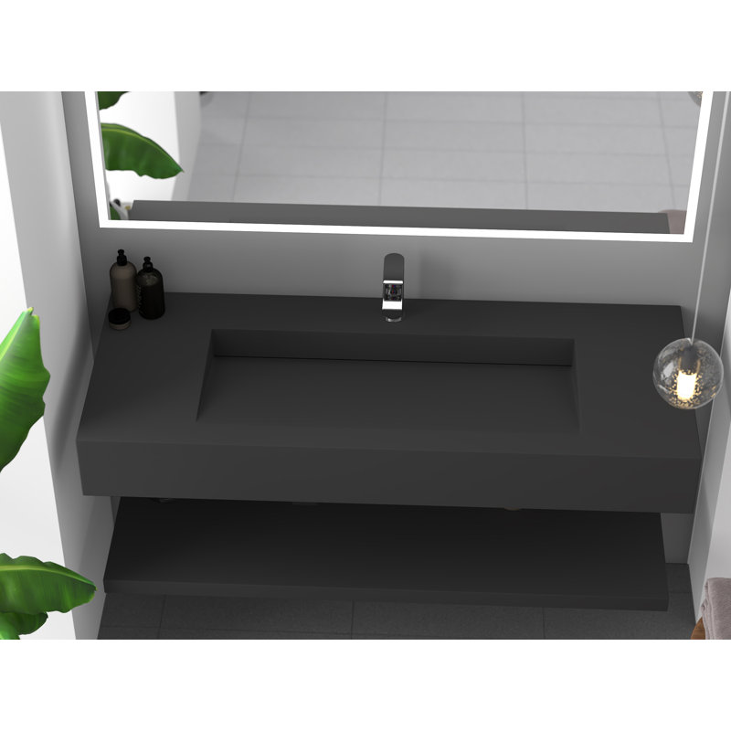 Pyramid 48" Rectangular Solid Surface Wall Mount Bathroom Sink and LED Mirror Combo, Black