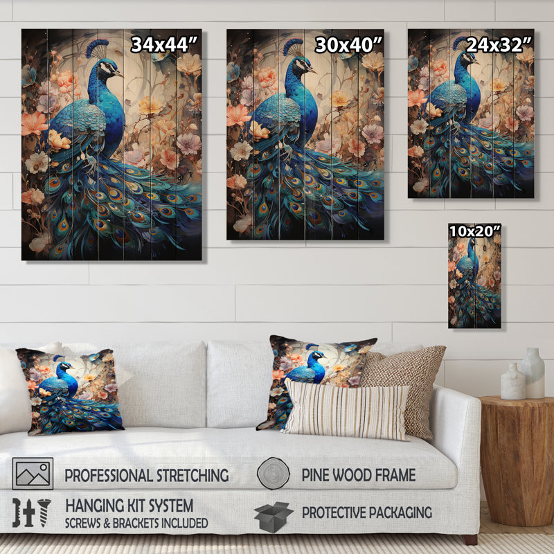 «Blue Coral Indian Art Dancing Peacock I» sur impression sur bois, H 40 po x l 30 po x P 0,78 po
