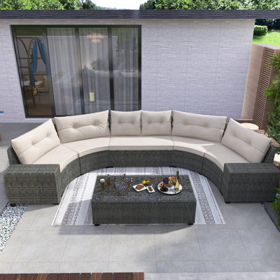 8-Pieces Outdoor Wicker Round Sofa Set, Half-Moon Sectional Sets All Weather,Modular Design,Curved Sofa Set With Rectangular Coffee Table, PE Rattan, Movable Cushion, Easy To Install ,Beige
