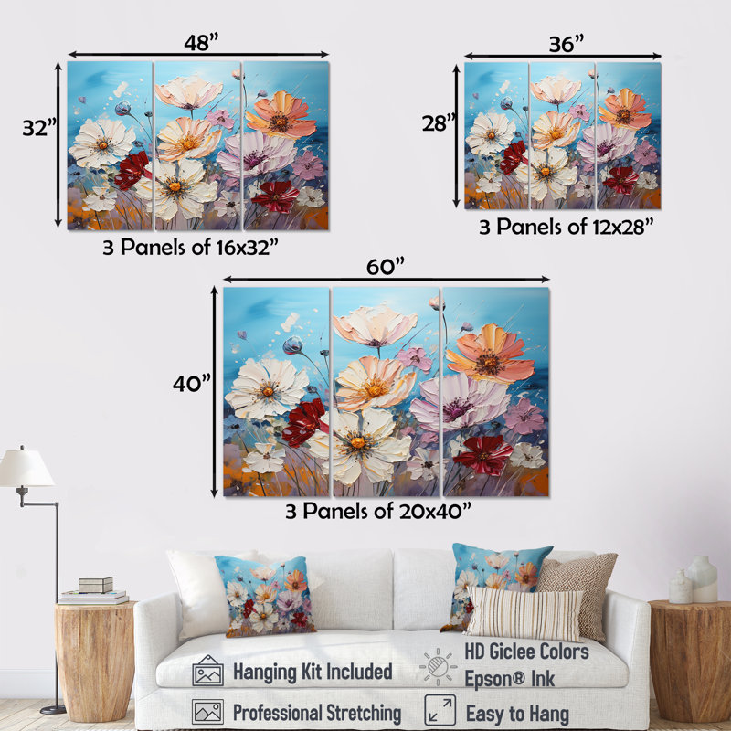 «White Blue Wildflowers», ensemble d'art sur toile, H 28 po x l 36 po x P 1 po