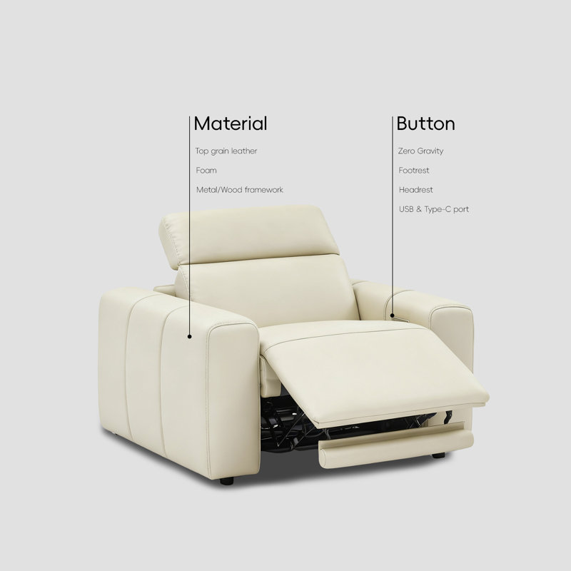 49.5” Top Grain Leather Power Recliner With Adjustable Headrest, White