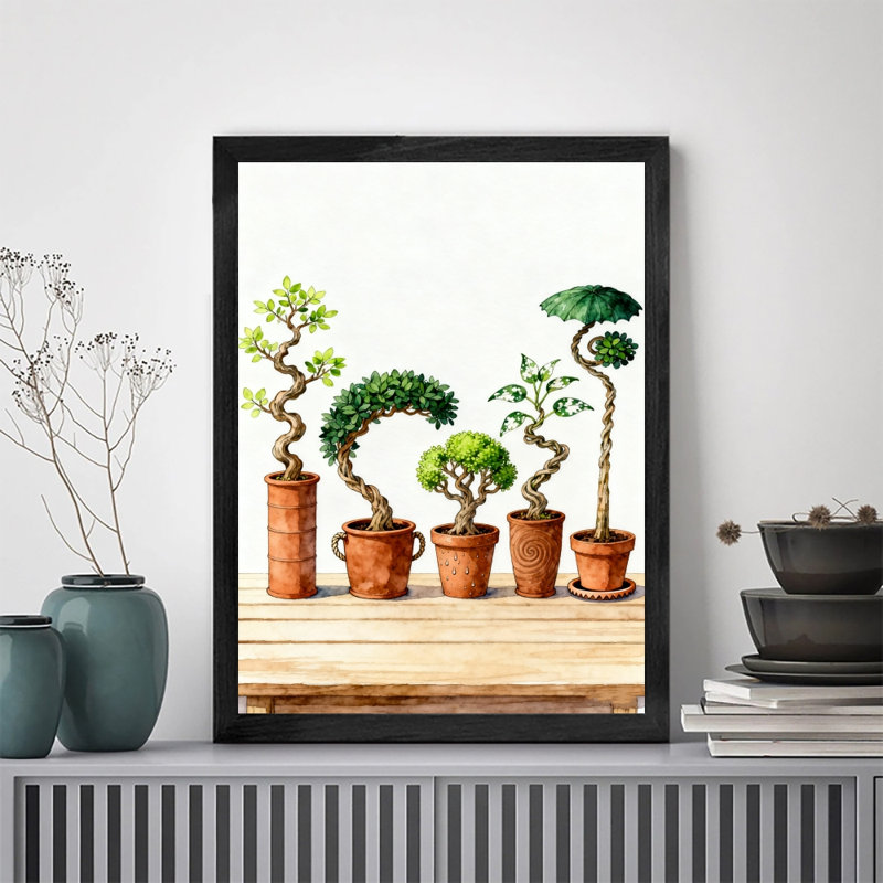 Reproduction d'art encadré noir avec quatre plantes de bonsaï de différentes formes, H 37 po x l 25 po