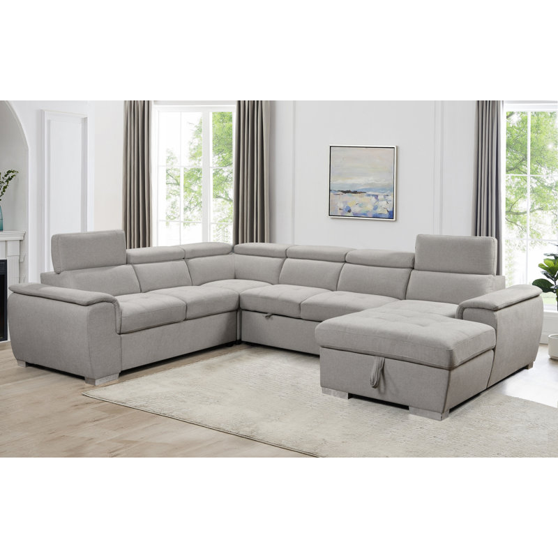125" Modern U Shaped Sectional Sofa Couch With Storage Chaise-Pull Out Couch Bed, Beige