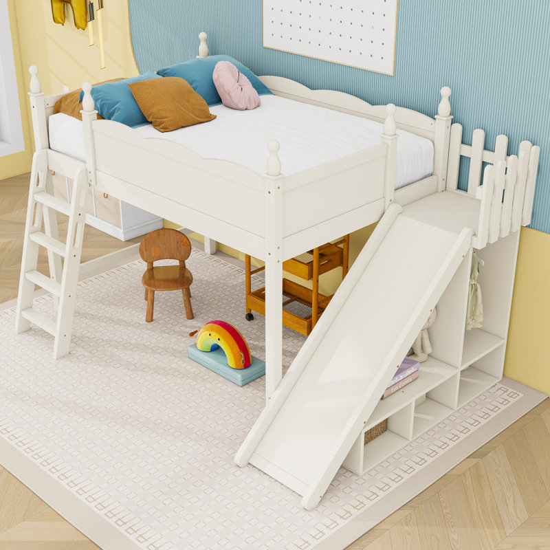 Lit mezzanine en bois avec garde-robe, étagère et glissoire intégrés, Lit double, Beige