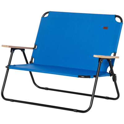 Double chaise de camping pliante pour 2 adultes, causeuse de camping portable avec accoudoirs en bois et porte-gobelets, canapé de camping pour la plage, les voyages et les sports (bleu)