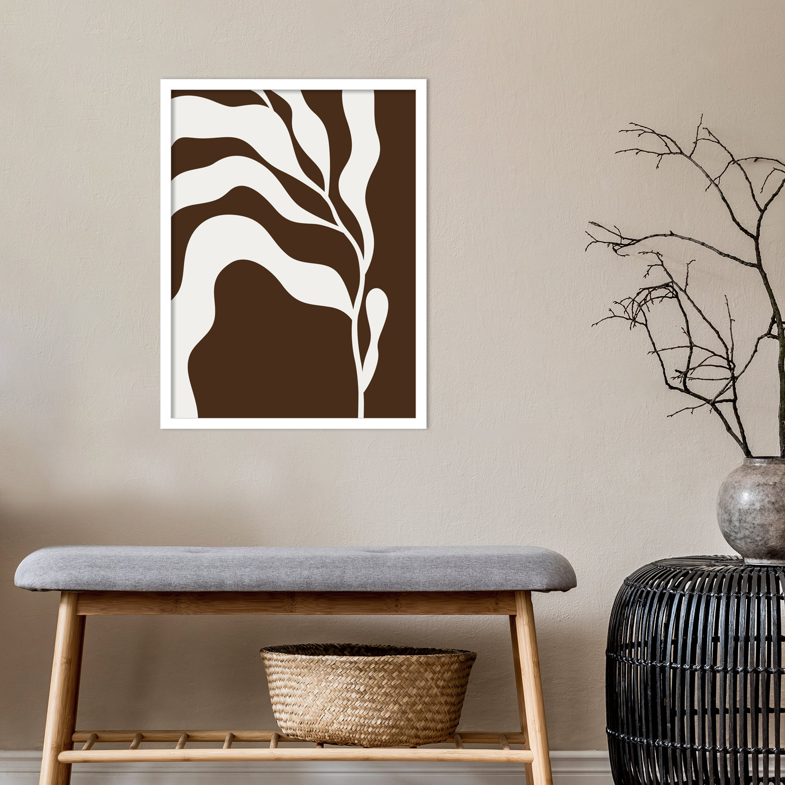 Retro Matisse Inspired Abstract Botanical 2 Brown, White, 25" H x 19" W x 1" D