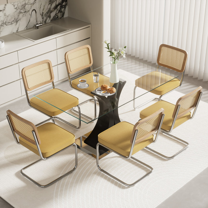 Ensemble de salle à manger rectangulaire, 7 pièces : table, 6 chaises, Noir, Jaune