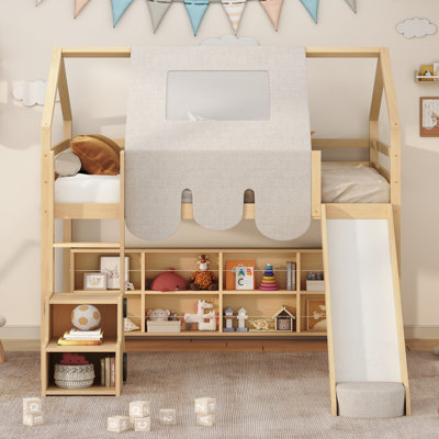 Structure de lit double pleine grandeur en forme de maison en bois avec tente
