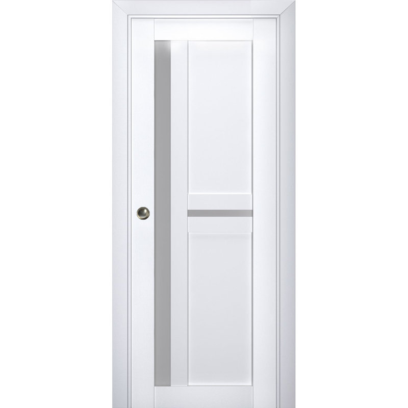 Porte coulissante à galandage avec vitrage dépoli Veregio 7288 Blanc Soie, ensemble de garnitures, rail et quincaillerie en bois massif pour chambre à coucher, portes robustes - 42 po x 80 po