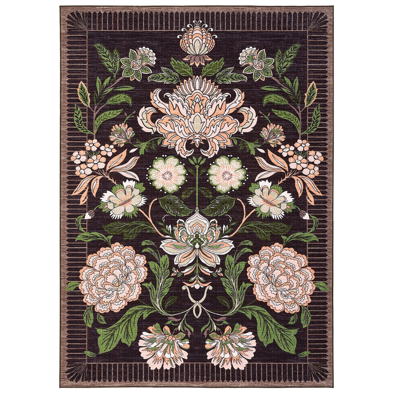 Floral Machine Washable Area Rugs for Living Room Bedroom Soft Non-Slip Vintage Dining Room Rug Low Pile Botanical Floor Carpet for Kids Room Classroom