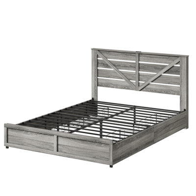 Structure de lit grise avec tête de lit avec rangement et 4 tiroirs spacieux, base à lattes en métal, structure, plateforme de chambre à coucher bruit