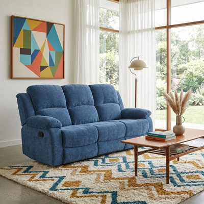 Light Blue Fluffy Fabric Manual Recling Sofa