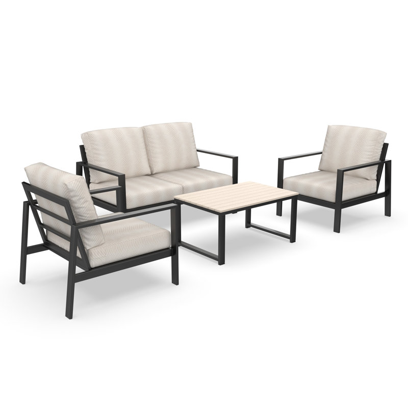 Ensemble de conversation Ulrica avec coussins Sunbrella®, 4 pièces: table, causeuse, 2 chaises, White Striped