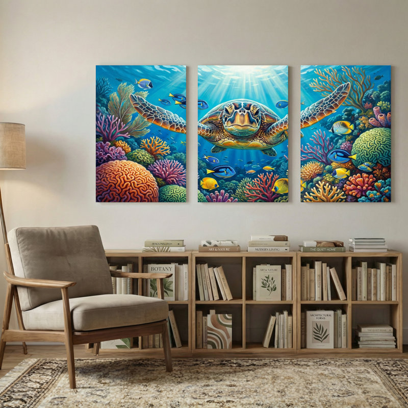 Animaux, tortues de mer, récifs coralliens, poissons, lumière du soleil, ensemble de 3 impressions sur toile