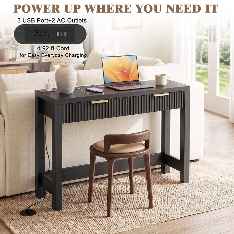 Console cannelée de 80 cm avec station de recharge, 2 tiroirs, table d'entrée étroite pour salon, 31.5, Black