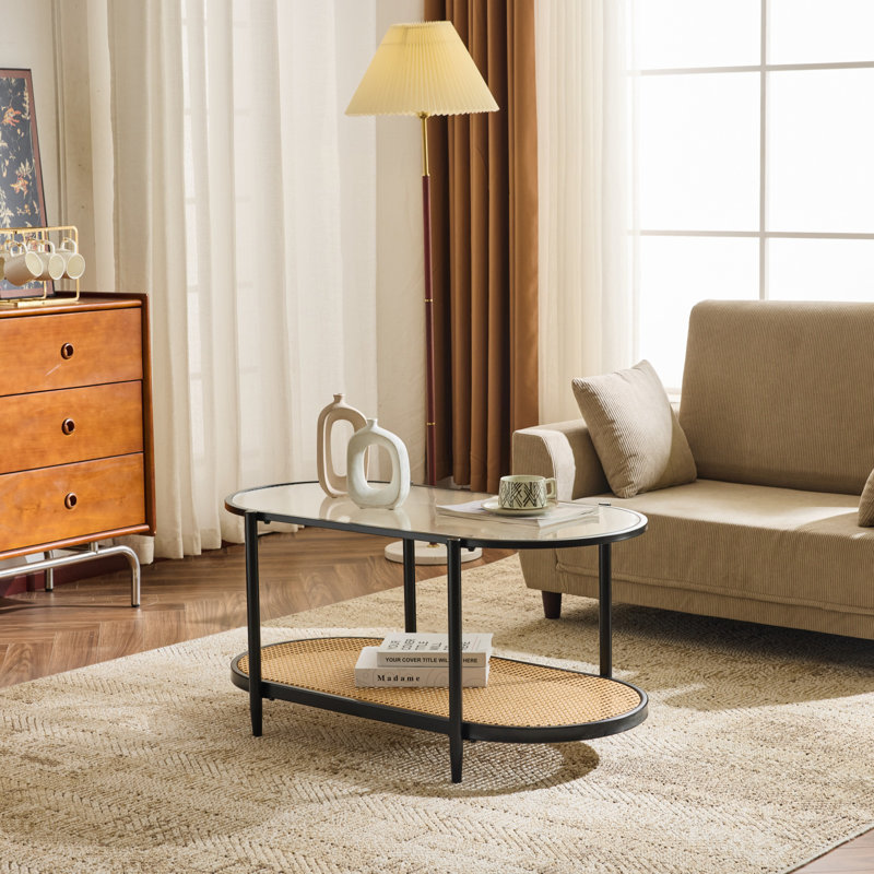 Oval Black Iron Frame Paired with Changhong Glass + PVC Woven Rattan Double-layer Coffee Table , Black